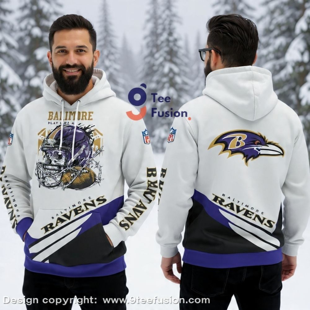 Vintage 90s Skull & Fear The Flock Baltimore Ravens 3D Hoodie