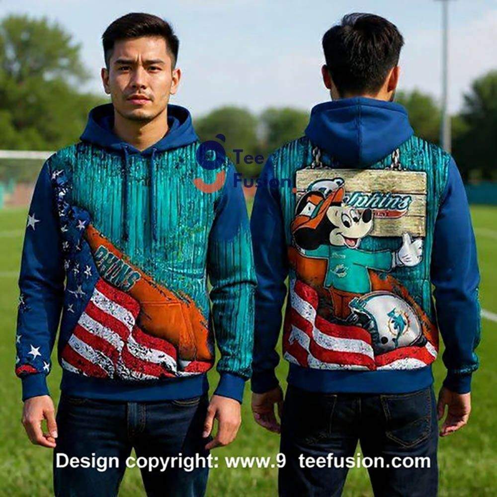 Miami Dolphins Mickey Mouse American Flag 3D Hoodie Cozy Fall