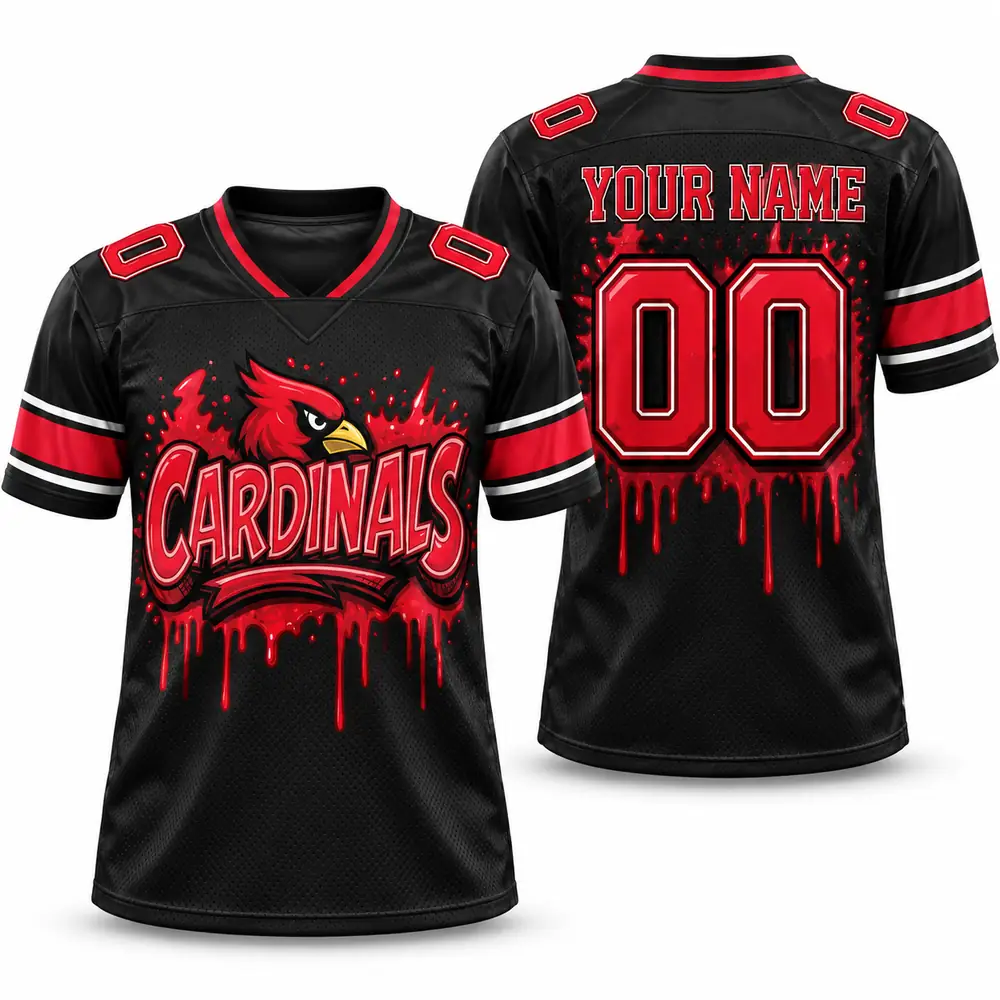 Arizona Cardinals Personalized Number Red Drip Mascot Graphic Football Jerseys — Main Image Arizona Cardinals Personalized Number Red Drip Mascot Graphic Football Jerseys — Main Image