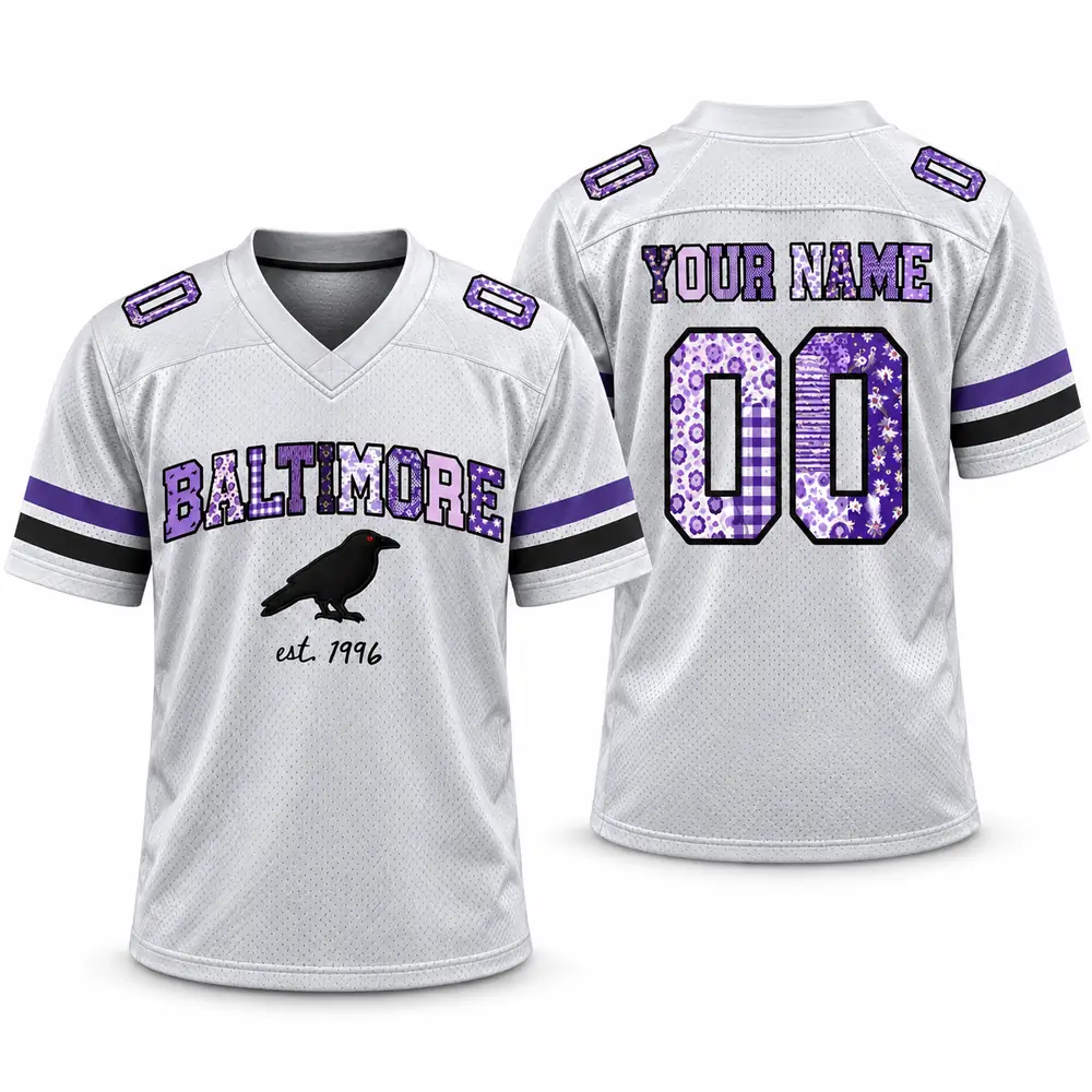 Baltimore Ravens Personalized Purple Pattern Name and Number Football Jerseys — Main Image Baltimore Ravens Personalized Purple Pattern Name and Number Football Jerseys — Main Image