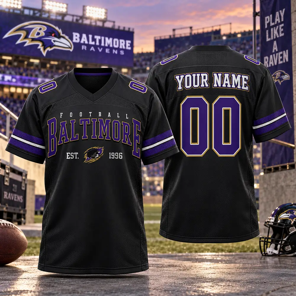 Baltimore Ravens Personalized Retro Est. 1996 Black Football Jerseys — Design Image Baltimore Ravens Personalized Retro Est. 1996 Black Football Jerseys — Design Image