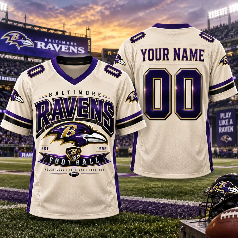 Baltimore Ravens Personalized Vintage Crest Cream and Purple Football Jerseys — Design Image Baltimore Ravens Personalized Vintage Crest Cream and Purple Football Jerseys — Design Image