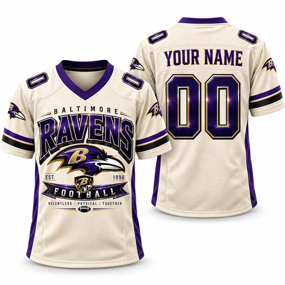 Baltimore Ravens Personalized Vintage Crest Cream and Purple Football Jerseys — Main Image Baltimore Ravens Personalized Vintage Crest Cream and Purple Football Jerseys — Main Image