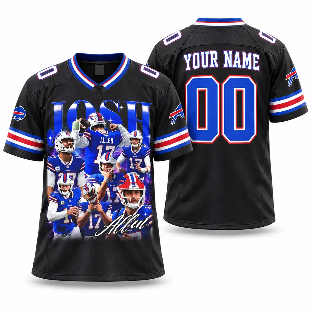 Buffalo Bills Josh Allen Action Collage Personalized Black Football Jerseys — Main Image Buffalo Bills Josh Allen Action Collage Personalized Black Football Jerseys — Main Image