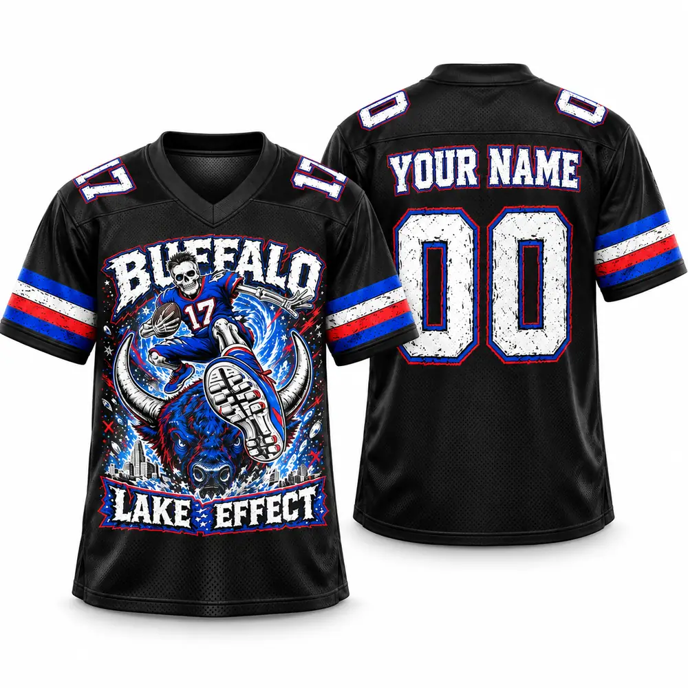 Buffalo Bills Lake Effect Skeleton Bison Personalized Graphic Football Jerseys — Main Image Buffalo Bills Lake Effect Skeleton Bison Personalized Graphic Football Jerseys — Main Image