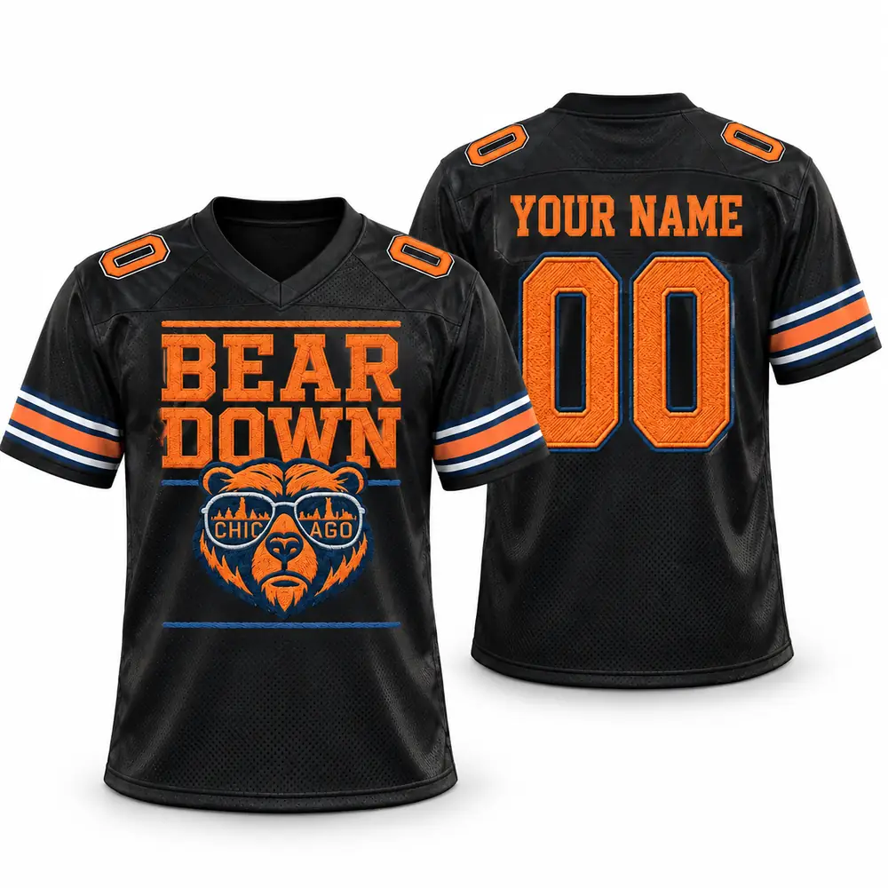 Chicago Bears Bear Down Personalized Skyline Mascot Graphic Football Jerseys — Main Image Chicago Bears Bear Down Personalized Skyline Mascot Graphic Football Jerseys — Main Image