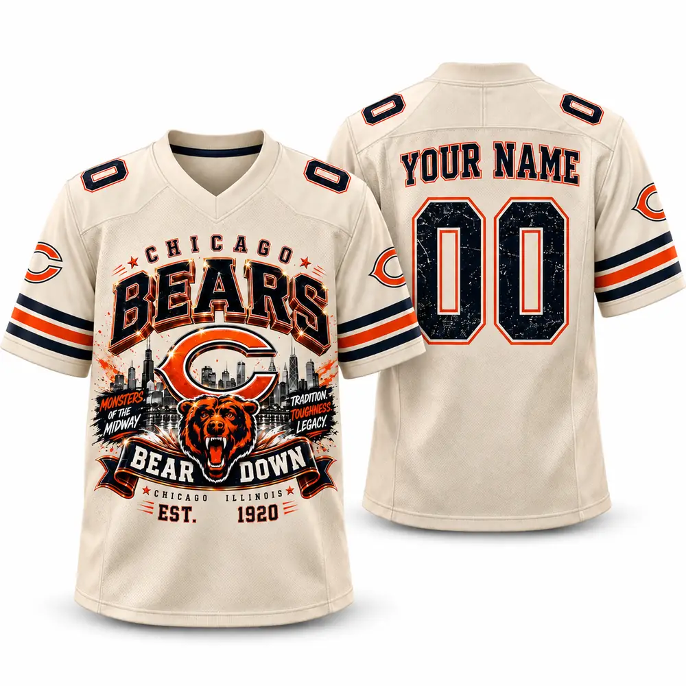 Chicago Bears Personalized Bear Down Skyline Mascot Graphic Football Jerseys — Main Image Chicago Bears Personalized Bear Down Skyline Mascot Graphic Football Jerseys — Main Image