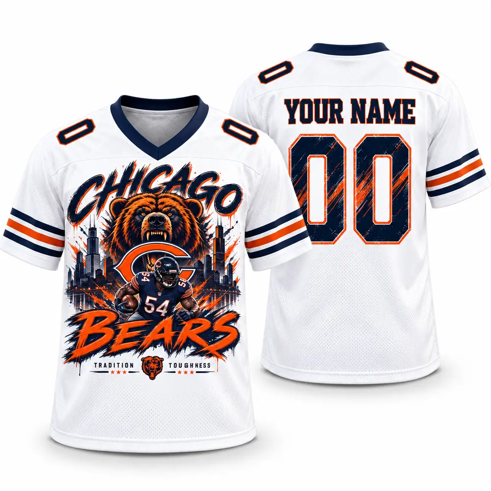 Chicago Bears Roaring Mascot Skyline Number 54 Personalized Football Jerseys — Main Image Chicago Bears Roaring Mascot Skyline Number 54 Personalized Football Jerseys — Main Image