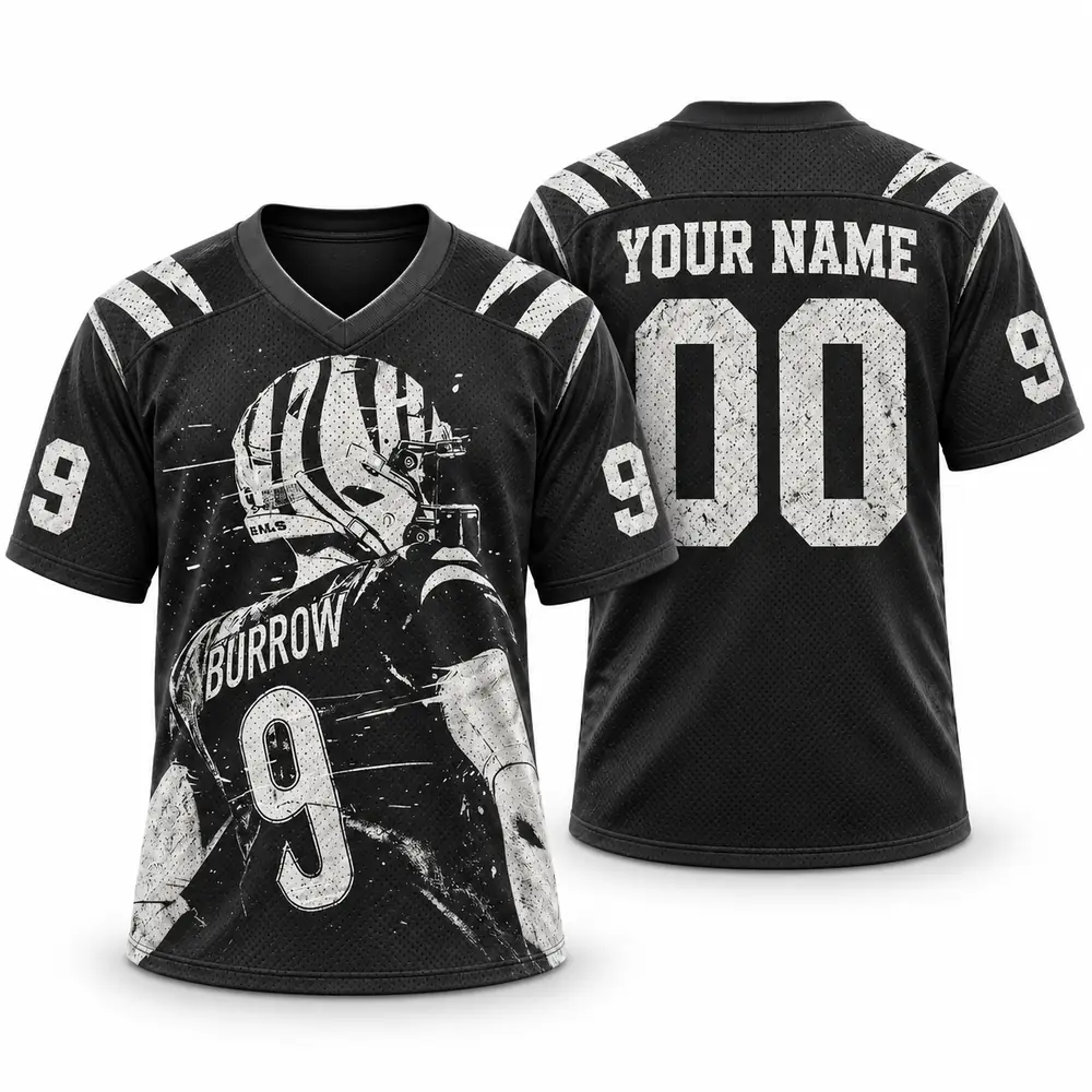 Cincinnati Bengals Joe Burrow Personalized Monochrome Grunge Graphic Football Jerseys — Main Image Cincinnati Bengals Joe Burrow Personalized Monochrome Grunge Graphic Football Jerseys — Main Image