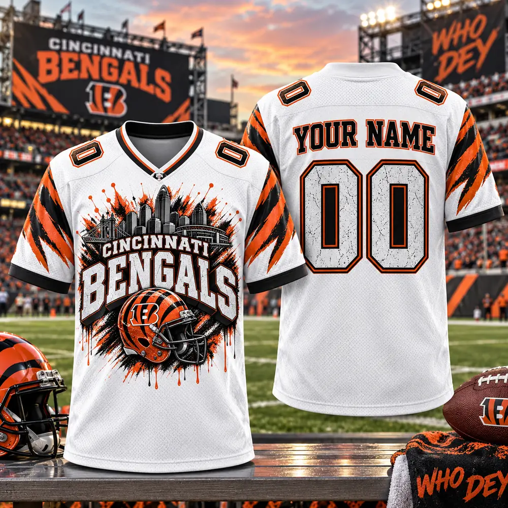 Cincinnati Bengals Personalized Skyline Helmet Paint Splash Graphic Football Jerseys — Design Image Cincinnati Bengals Personalized Skyline Helmet Paint Splash Graphic Football Jerseys — Design Image