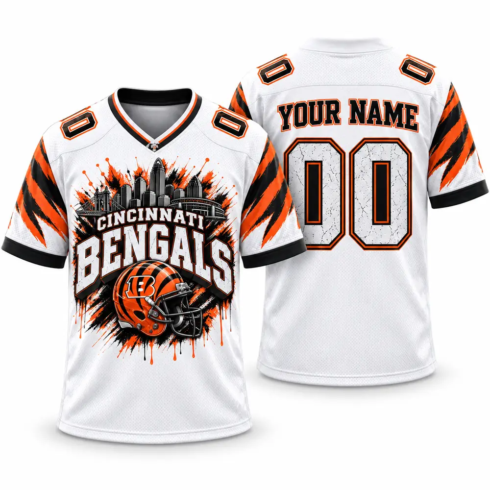 Cincinnati Bengals Personalized Skyline Helmet Paint Splash Graphic Football Jerseys — Main Image Cincinnati Bengals Personalized Skyline Helmet Paint Splash Graphic Football Jerseys — Main Image