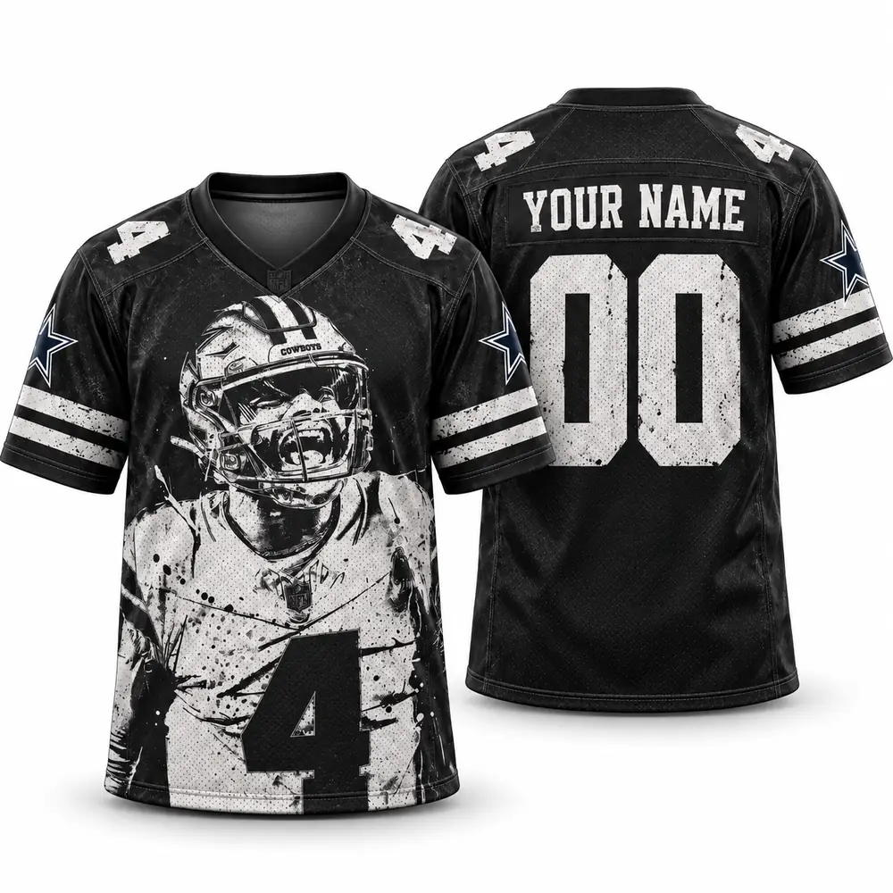 Dallas Cowboys Personalized Quarterback Number 4 Grunge Graphic Football Jerseys — Main Image Dallas Cowboys Personalized Quarterback Number 4 Grunge Graphic Football Jerseys — Main Image