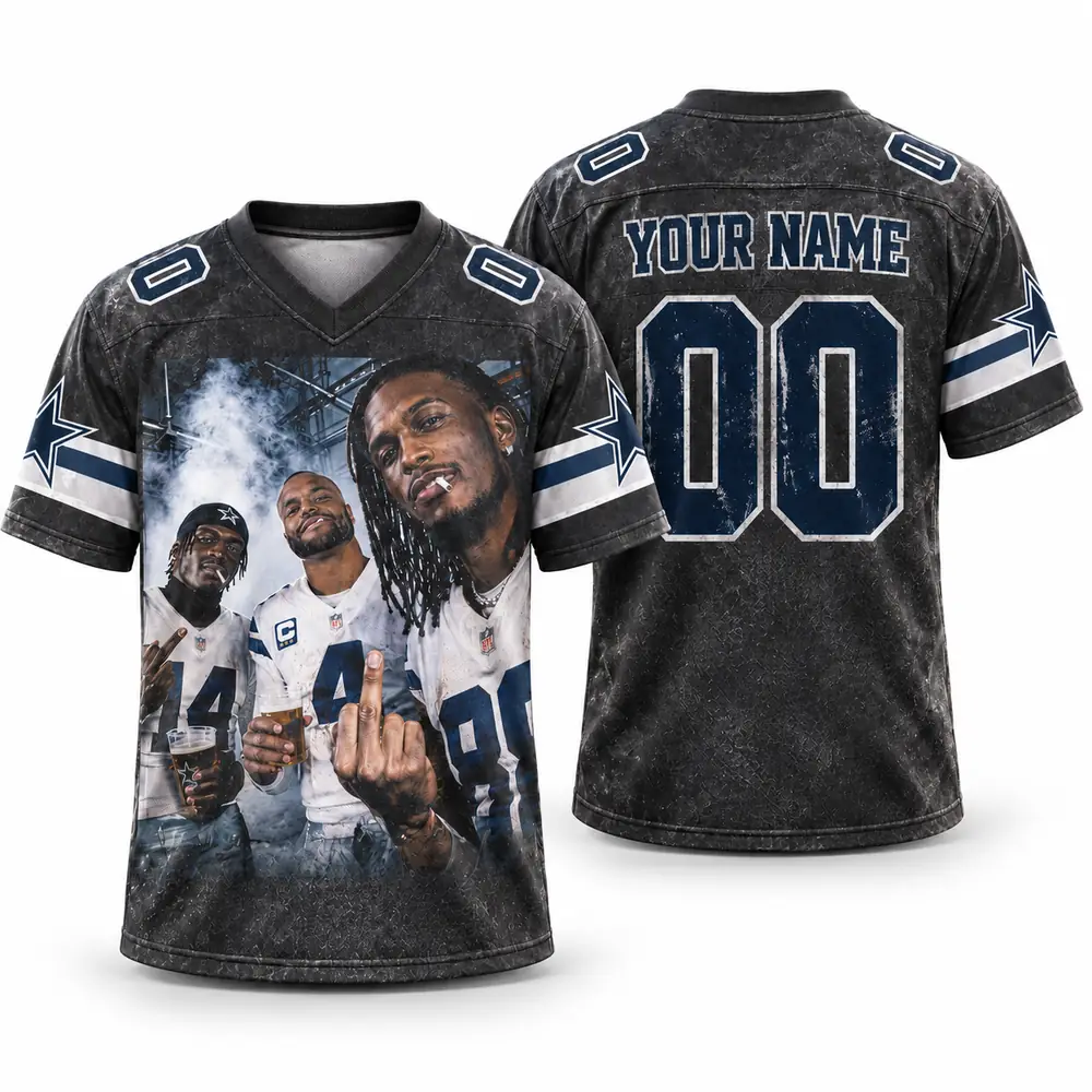 Dallas Cowboys Three-Player Photo Collage Personalized Distressed Football Jerseys — Main Image Dallas Cowboys Three-Player Photo Collage Personalized Distressed Football Jerseys — Main Image
