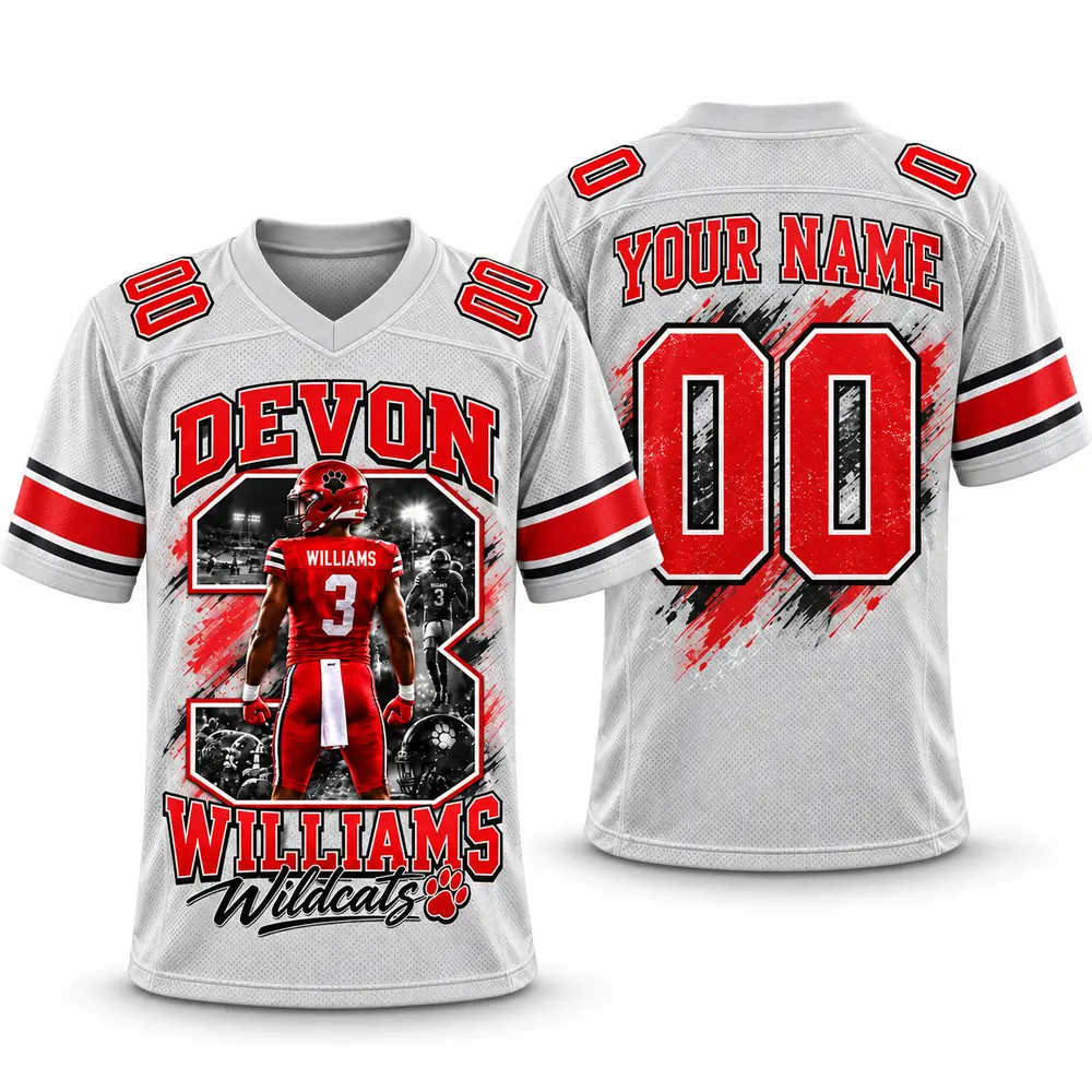 Devon Wildcats Williams Personalized Player Collage Number 3 Football Jerseys — Main Image Devon Wildcats Williams Personalized Player Collage Number 3 Football Jerseys — Main Image