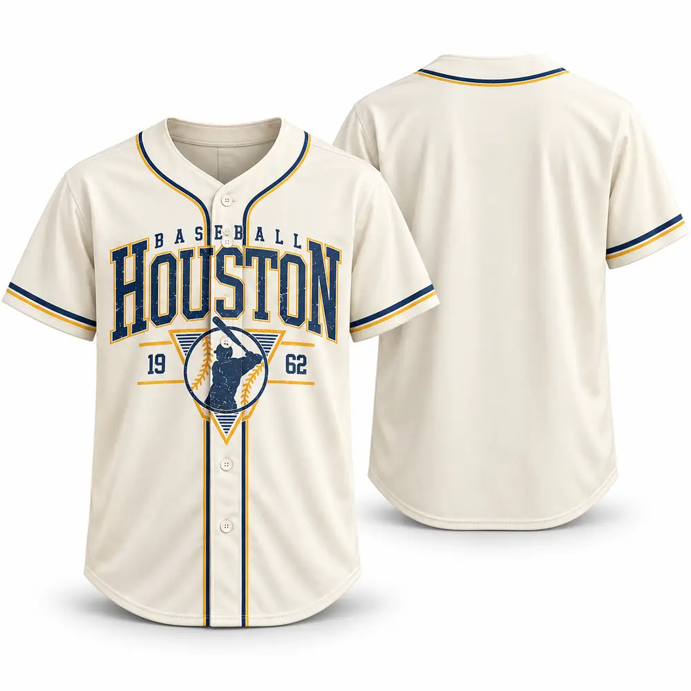 Houston Astros 1962 Vintage Batter Graphic Cream Button-Front Baseball Jerseys — Main Image Houston Astros 1962 Vintage Batter Graphic Cream Button-Front Baseball Jerseys — Main Image