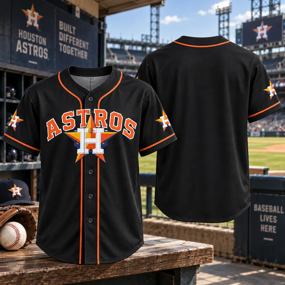Houston Astros Bold Star Logo Black Fan Style Baseball Jerseys — Design Image Houston Astros Bold Star Logo Black Fan Style Baseball Jerseys — Design Image