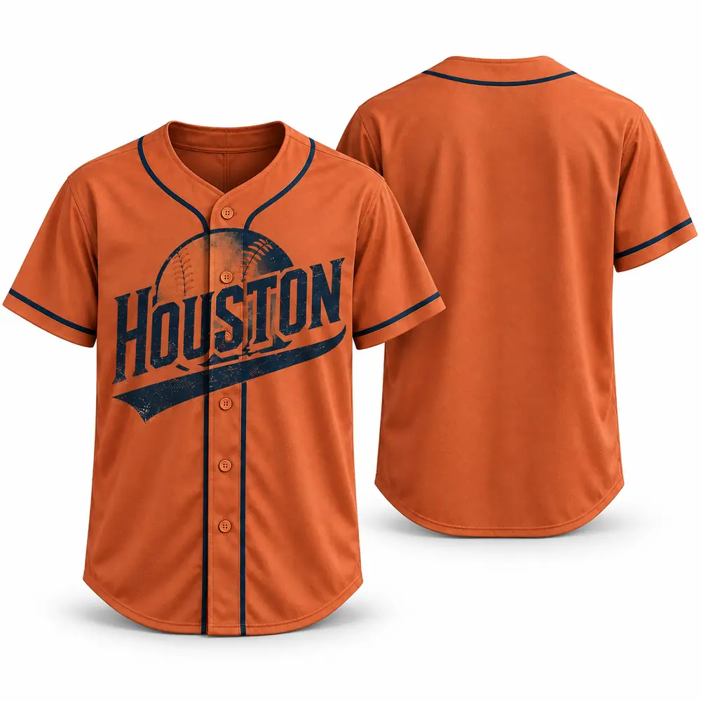 Houston Astros Vintage Baseball Graphic Orange and Navy Button-Front Baseball Jerseys — Main Image Houston Astros Vintage Baseball Graphic Orange and Navy Button-Front Baseball Jerseys — Main Image