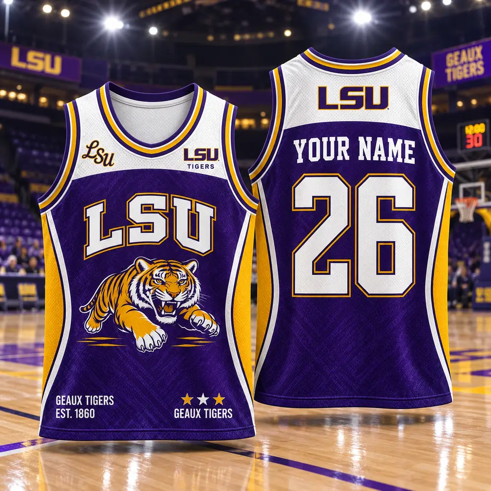LSU Tigers Personalized Name Tiger Mascot Purple Gold Basketball Jerseys — Design Image LSU Tigers Personalized Name Tiger Mascot Purple Gold Basketball Jerseys — Design Image