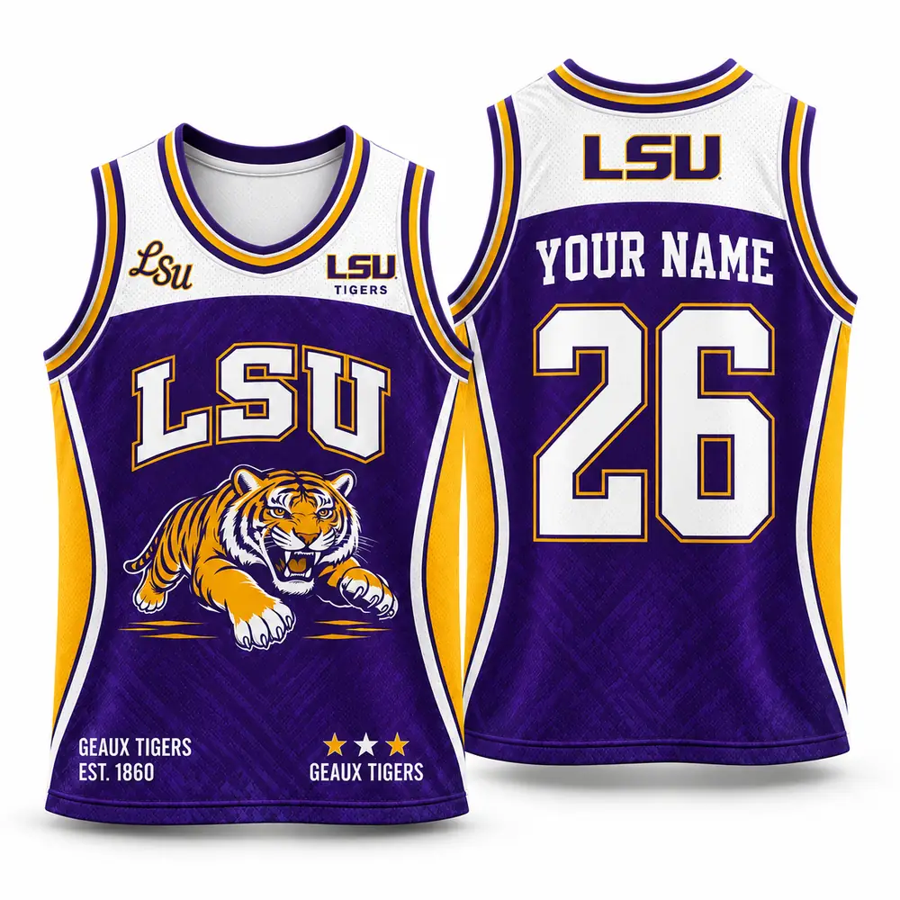 LSU Tigers Personalized Name Tiger Mascot Purple Gold Basketball Jerseys — Main Image LSU Tigers Personalized Name Tiger Mascot Purple Gold Basketball Jerseys — Main Image