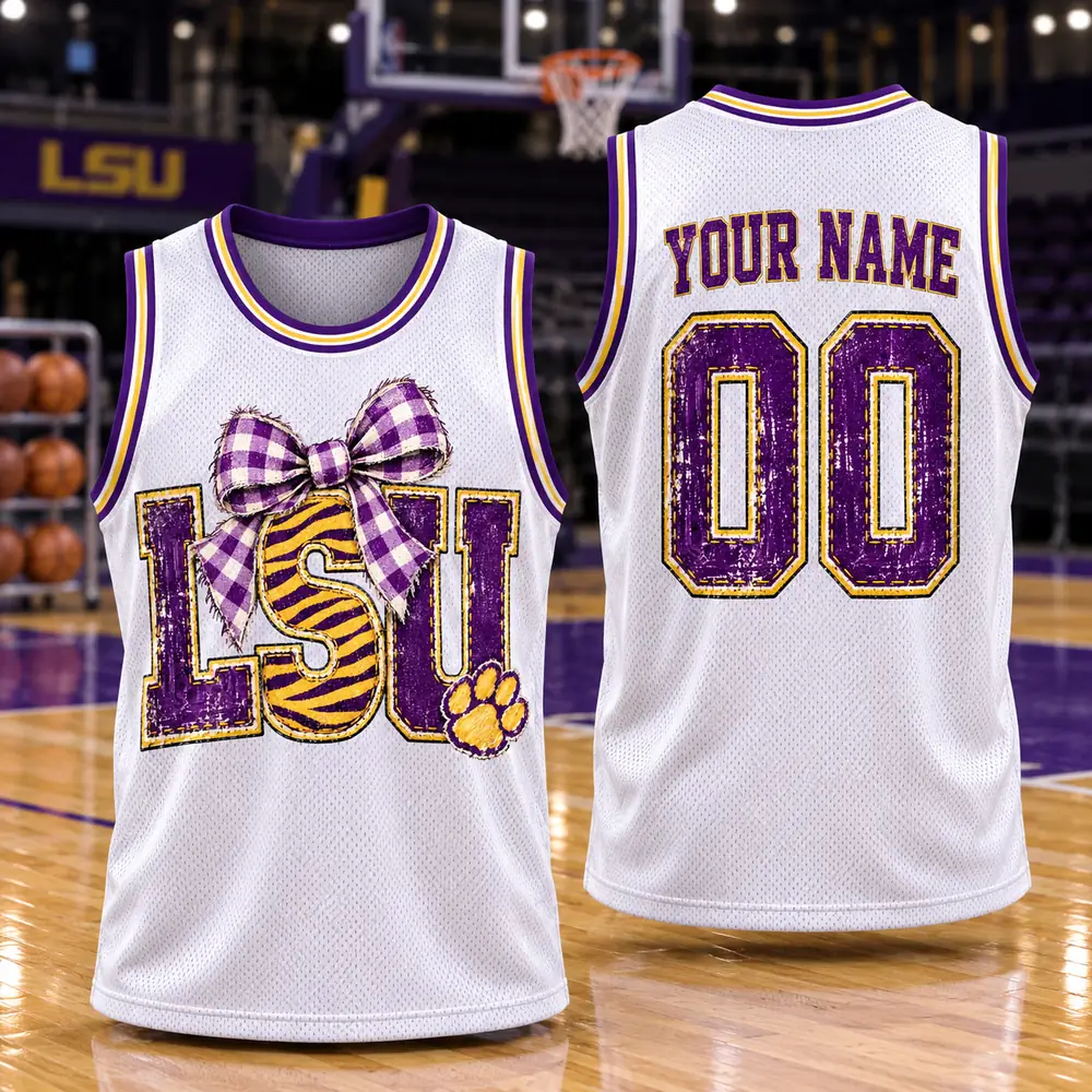 LSU Tigers Personalized Plaid Bow Distressed Basketball Jerseys — Design Image LSU Tigers Personalized Plaid Bow Distressed Basketball Jerseys — Design Image