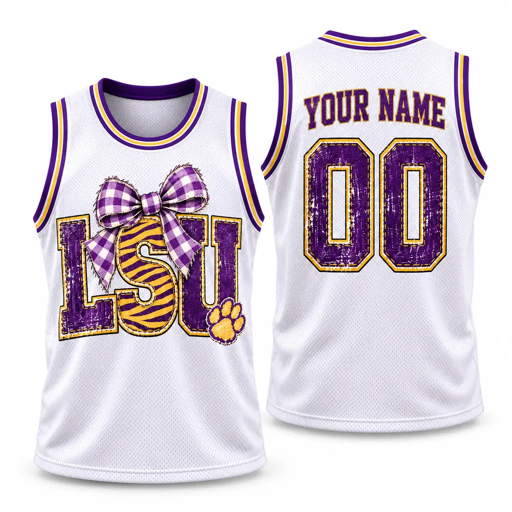 LSU Tigers Personalized Plaid Bow Distressed Basketball Jerseys — Main Image LSU Tigers Personalized Plaid Bow Distressed Basketball Jerseys — Main Image