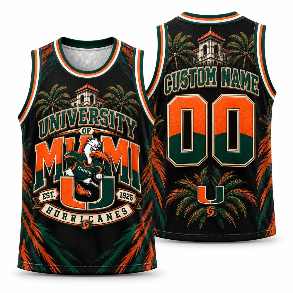 Miami Hurricanes Personalized Sebastian Palm and Campus Tower Basketball Jerseys — Main Image Miami Hurricanes Personalized Sebastian Palm and Campus Tower Basketball Jerseys — Main Image