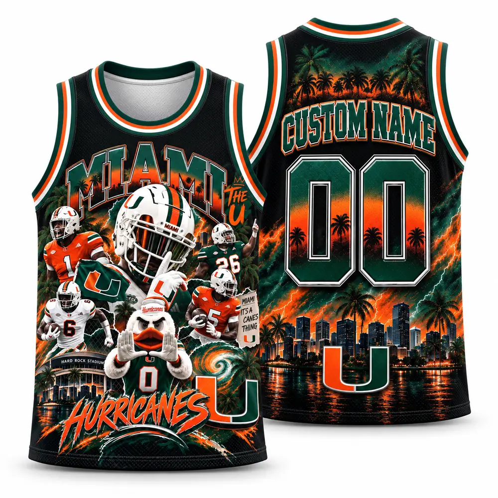 Miami Hurricanes Personalized Tropical Mascot and Player Collage Basketball Jerseys — Main Image Miami Hurricanes Personalized Tropical Mascot and Player Collage Basketball Jerseys — Main Image