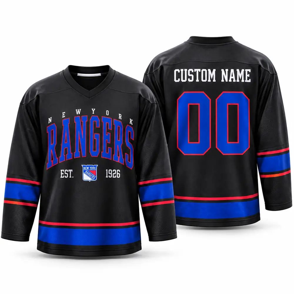 New York Rangers Personalized Vintage Varsity Shield Graphic Hockey Jerseys — Main Image New York Rangers Personalized Vintage Varsity Shield Graphic Hockey Jerseys — Main Image