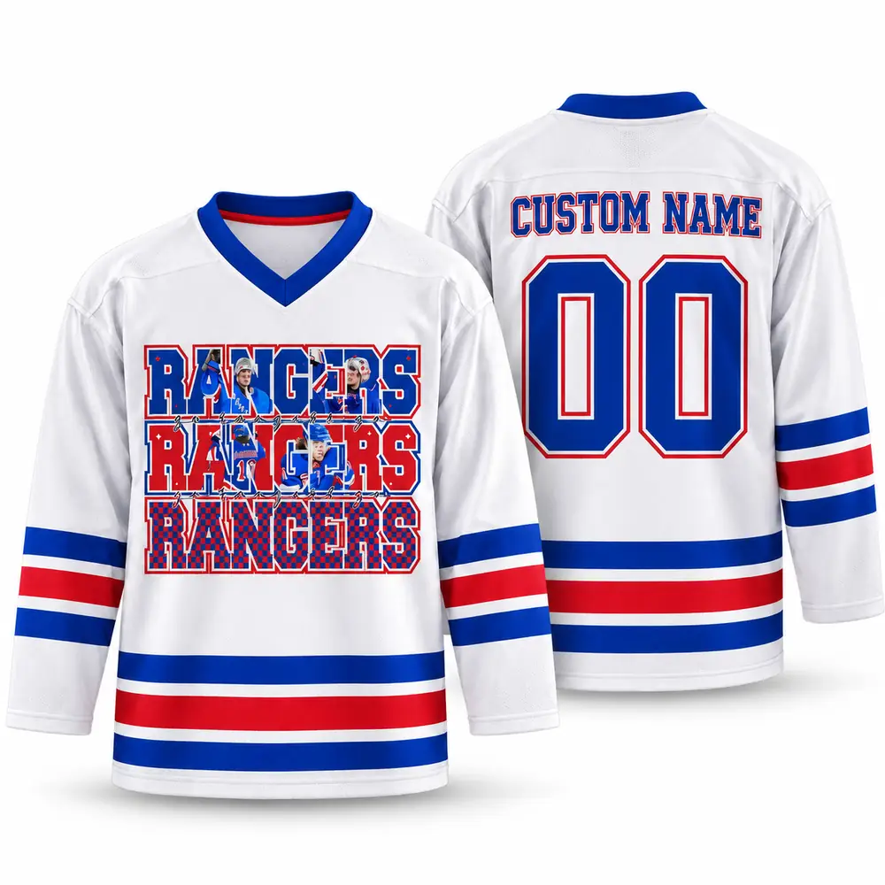 New York Rangers Triple Wordmark Player Collage Personalized Hockey Jerseys — Main Image New York Rangers Triple Wordmark Player Collage Personalized Hockey Jerseys — Main Image