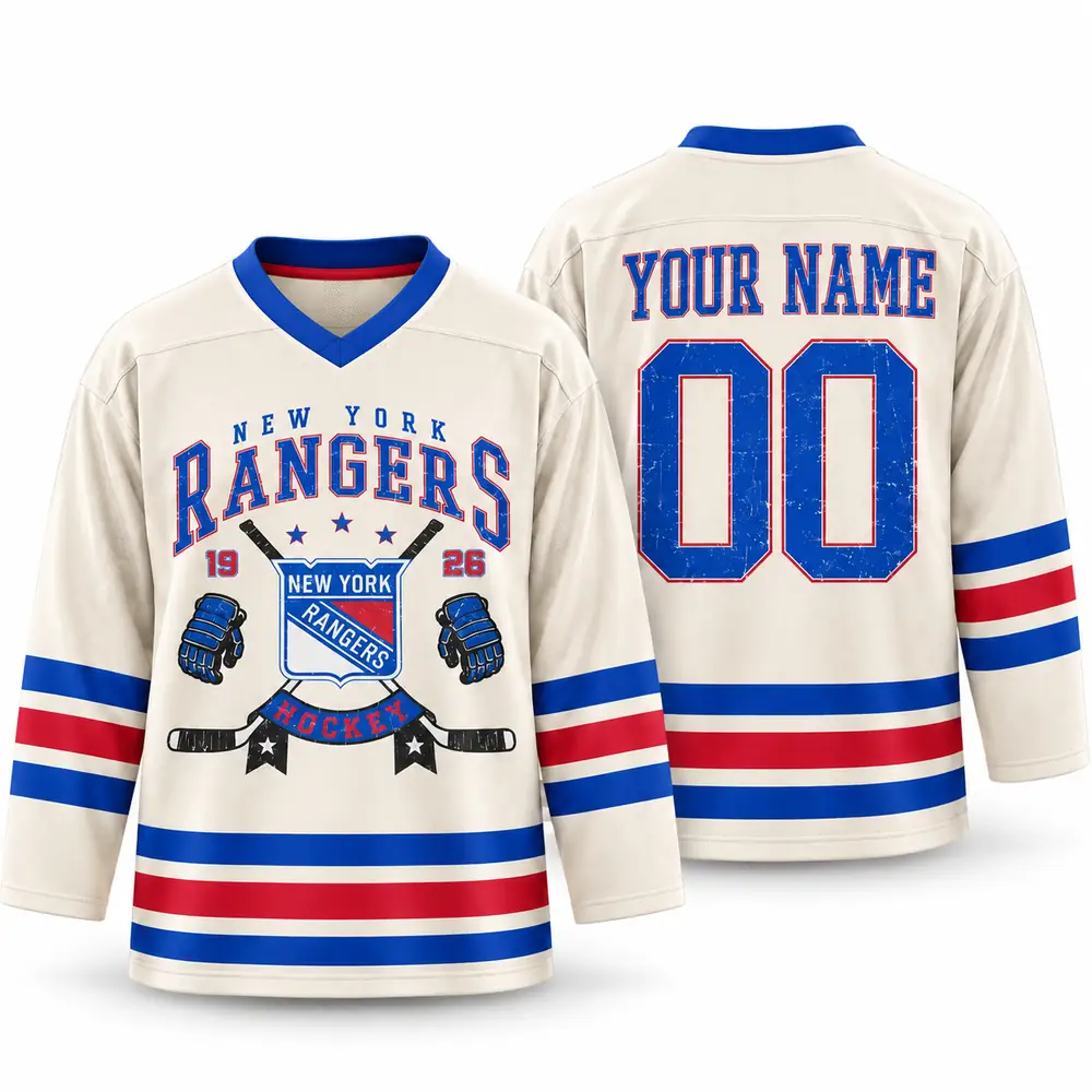 New York Rangers Vintage Personalized Crossed Sticks Graphic Hockey Jerseys — Main Image New York Rangers Vintage Personalized Crossed Sticks Graphic Hockey Jerseys — Main Image