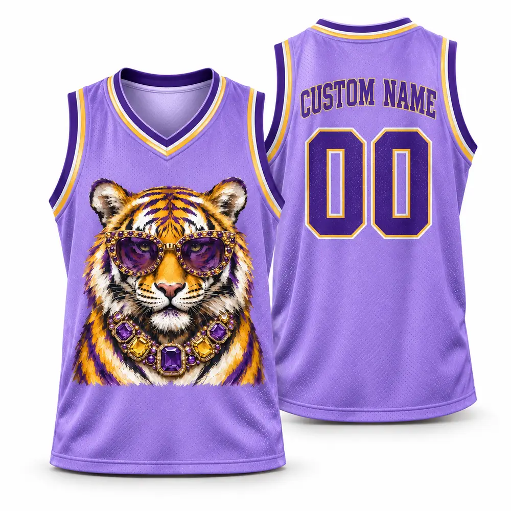 Personalized Glam Tiger Sunglasses Jeweled Necklace Purple Gold Basketball Jerseys — Main Image Personalized Glam Tiger Sunglasses Jeweled Necklace Purple Gold Basketball Jerseys — Main Image